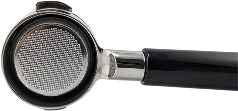 Close-up of Bottomless 58mm Portafilter for E61 Group Heads with stainless filter basket, compatible with Rancilio Expobar machines.