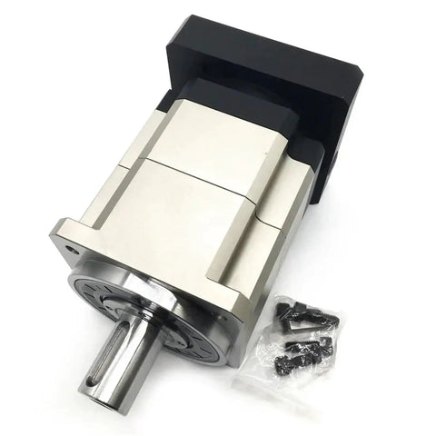 Heavy Duty High Torque Planetary Gearbox Reducer On Flange Input For 2KW Motor with silver alloy housing and included screws.