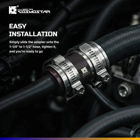 Universal LS Swap Radiator Hose Barb Coupler Adapter With One Eighth Inch NPT Steam Port For One And A Quarter To One And A Half Inch Hoses Aluminum Coolant Crossover Splice For Steam Vent Radiator Fitting installed on hoses