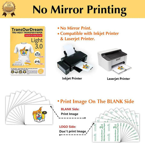 Front view: TransOurDream Tru-Heat transfer paper for light fabrics, 15 sheets, 8.5x11, inkjet & laser printer compatible