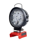 Cordless LED Work Light For Milwaukee 18V Battery Compatibility, round 27W 2400LM flood beam, red base, side angle view