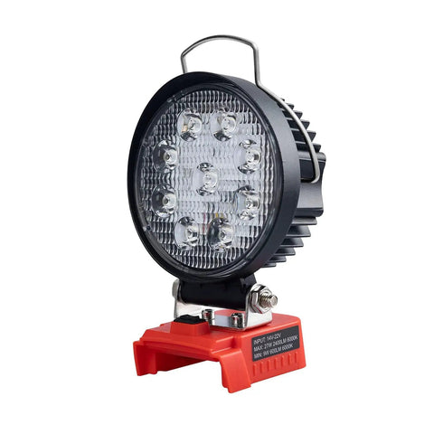 Cordless LED Work Light For Milwaukee 18V Battery Compatibility, round 27W 2400LM flood beam, red base, side angle view