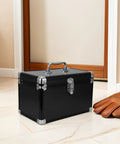 Portable Aluminum Tool Box With Ergonomic Handle And 2 Layer Sealed Clasp For Shock Protection next to gloves on tiled floor