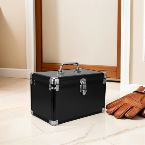 Portable Aluminum Tool Box With Ergonomic Handle And 2 Layer Sealed Clasp For Shock Protection next to gloves on tiled floor