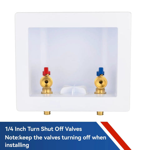 Heavy Duty Washing Machine Outlet Box With One Half Inch PEX Crimp Inlet And Three Quarter Inch MHT Outlet Center Drain UPC Certified Plastic Box With Lead Free Brass One Quarter Turn Shut Off Valves Ideal Laundry Plumbing Fittings showing red and blue valves.