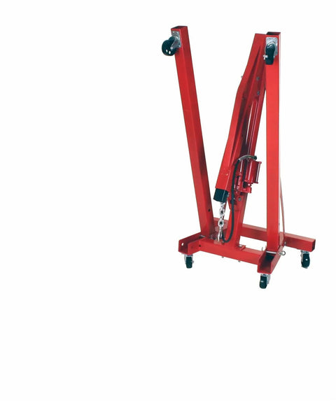 No Sweat Folding Air Hydraulic Engine Hoist Cherry Picker Shop Crane Heavy Duty Rig shown from the side with solid steel casters.