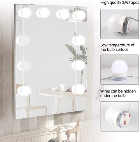 Vanity Light Strip Kit With 14 Dimmable Bulbs for Full Body Makeup Mirrors, showing bulbs on mirror with features detailed