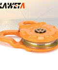 Snatch Block Recovery Winch Pulley 25,000 Lbs Rating, 12.5 Ton MBS and 6 Ton WLL, orange aluminum snatch block on display