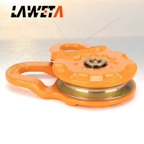 Snatch Block Recovery Winch Pulley 25,000 Lbs Rating, 12.5 Ton MBS and 6 Ton WLL, orange aluminum snatch block on display