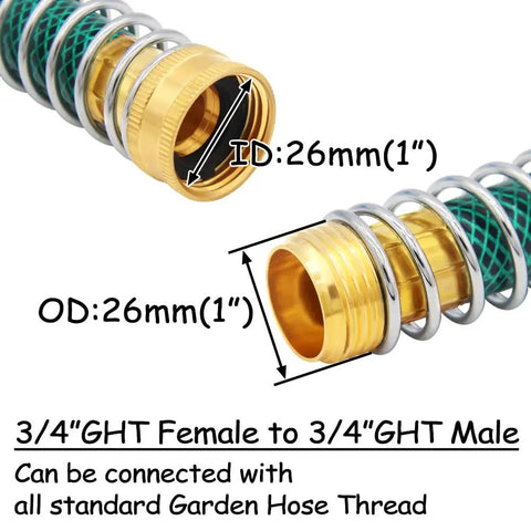 Brass 3/4 Inch GHT 90 Degree Elbow Garden Hose Connector Kit With Male And Female Adapters, Rust-Resistant, Leak-Proof, No Fuss, Includes 5.5 Inch Coil Spring Connector, Rubber Washer, Stainless Steel Spiral Ring For Quick, Easy Watering., 3/4" GHT male and female hose elbow with 26mm brass fittings and coil spring