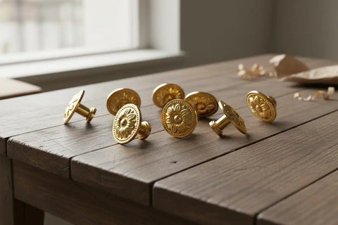 12 Pack Vintage Floral Drawer Knobs Set With Zinc Alloy Cabinet Pulls And Handles on wooden table, flower design detail