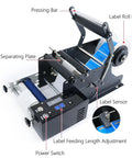 Semi Automatic Round Bottle Label Applicator Machine with label roll holder, label sensor, and adjusting controls for efficiency.