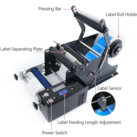 Semi Automatic Round Bottle Label Applicator Machine with label roll holder, label sensor, and adjusting controls for efficiency.