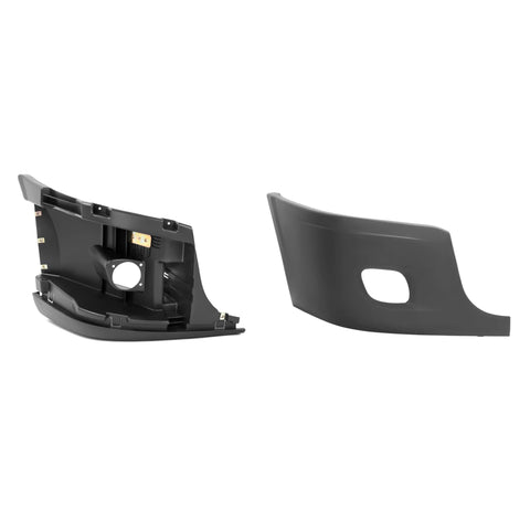 Pair of black plastic front bumper end cap and inner mounting reinforcement for Freightliner Cascadia, passenger side.