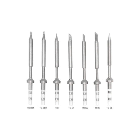 7 Piece Soldering Iron Tip Replacement Set For TS100 And Mini Digital Soldering Irons, displayed in a vertical line with labels.