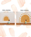 Large Fabric Watercolor Boho Half Sun Wall Decals Peel And Stick Pastel Sunrise Mural For Kids Baby Room Playroom Nursery Bedroom 94.49 Inches By 70.87 Inches Self Adhesive Arch Decor, two layouts displayed on wall with child for scale.