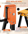 Heavy Duty Foldable Saw Horses 2 Pack Supporting 1322 Lbs With Toughened Steel Rig showing material slots and support arms.