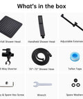 Components of All Metal 10-Inch Rainfall Shower Head With Handheld Spray Combo, including diverter, arm, hose, and accessories.