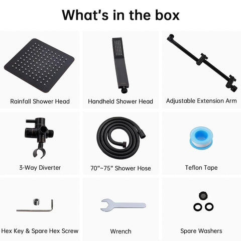Components of All Metal 10-Inch Rainfall Shower Head With Handheld Spray Combo, including diverter, arm, hose, and accessories.