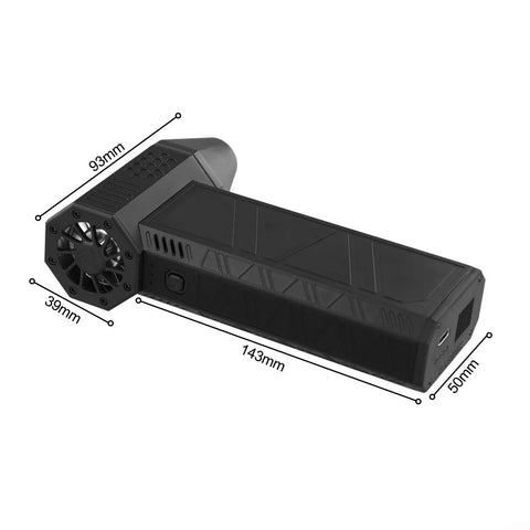 Professional Cordless Air Blower With 180 Watt Brushless Motor Delivering 130000 RPM showing black design and dimension details.