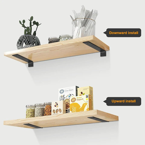 Legit Heavy Duty Floating Shelf Brackets 6 Pack With Mounting Hardware Solid Iron L Brackets For Wall Shelves, upward and downward installation on wood shelves.