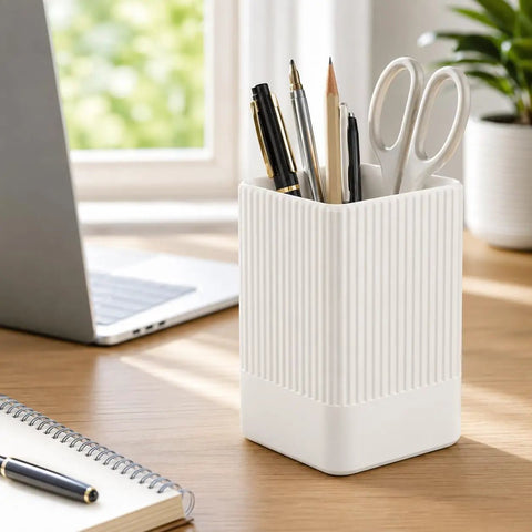 White Ribbed Pen Holder For Desk Square Pencil Cup Desk Organizer With Modern Fluted Look holding pens and scissors on a desk