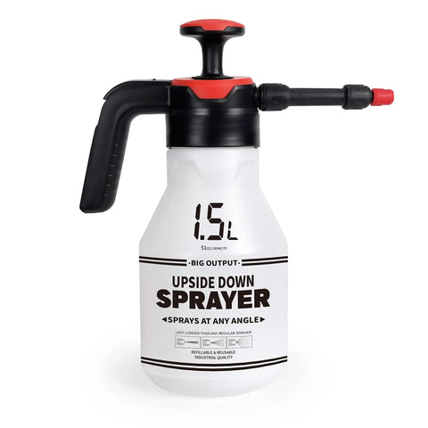 1.5L upside down garden pump sprayer with handle and nozzle for versatile spraying.