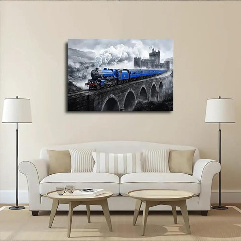Blue Train On Stone Bridge Wall Art Canvas Print Vintage Locomotive Steam Engine Poster for Living Room Decor 20x30 Inch Unframed