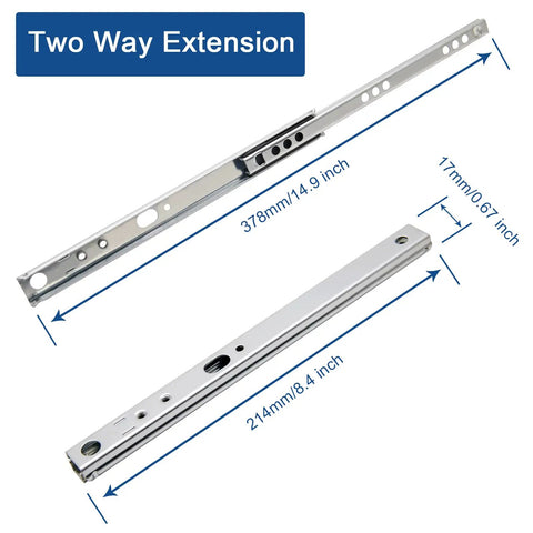Kickass Heavy Duty Dual Direction 8.4 Inch Drawer Slides With Butter Smooth Glides Zinc Plated Steel shown from the side with measurements.