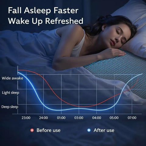 Woman sleeping on graphene grounding mat for king bed with sleep improvement chart, conductive sleep pad for deep sleep and stress relief.