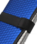 Close-up of thermal blocking auto sunshade with blue bubble texture and black strap, part of premium car accessory gift bundle. Level Up Your Slick Ride With This Premium Car Accessory Gift Bundle Featuring Thermal Blocking Auto Sunshade Two Tone Carpet Floor Mats And Ergonomic Grip Steering Wheel Cover For Trucks Vans SUVs.