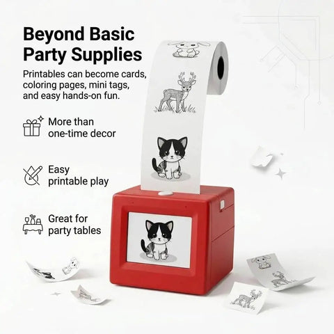 Kids Mini Thermal Printer With Screen Preview For Party Cards And Coloring Pages No Sweat Inkless Printing Gadget For Sweet Diy Gift Tags and Awesome Family Creativity Session, red unit printing fun illustrations.