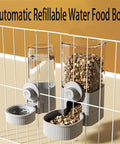 Cage Hanging Pet Bowl Gravity Water Dispenser For Dogs Cats Rabbits Kick Resistant Double Feeder Crate Kennel Food Bowls No Sweat Cleanup Top Shelf Hydration Spot Blue with clear dispenser on wire rack.