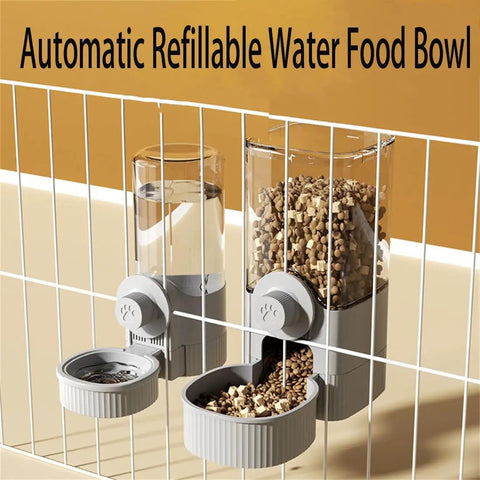 Cage Hanging Pet Bowl Gravity Water Dispenser For Dogs Cats Rabbits Kick Resistant Double Feeder Crate Kennel Food Bowls No Sweat Cleanup Top Shelf Hydration Spot Blue with clear dispenser on wire rack.