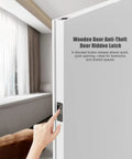 Hidden Bookcase Hinges With Lock And Magnetic Latch, woman pressing button on wooden door anti-theft latch for secret doors