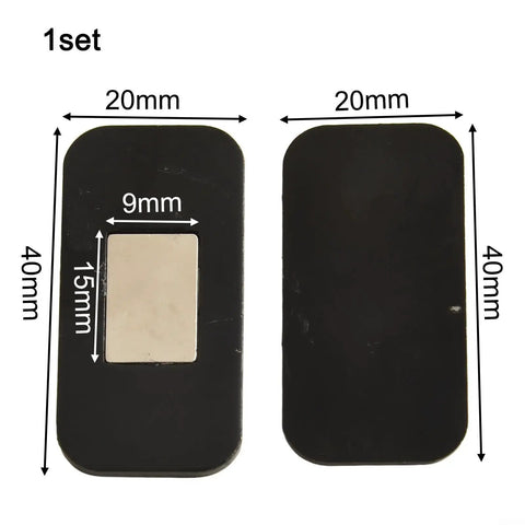 Ultra Thin Magnetic Cabinet Door Catch Set dimensions and details, showing stainless steel black design with strong hold feature.