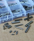 Assorted sizes of 300Pcs 304 Stainless Steel Split Spring Dowel Roll Pins Kit in 2mm 3mm 4mm sizes displayed with storage box