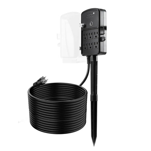 Heavy-Duty Outdoor Power Stake with Smart Timer Acts As a Power Party Starter Transforming One Dead Outlet Into Six Connected Hubs, 50 ft Weatherproof Extension Cord with Remote Control and Dusk to Dawn Auto Switch for Christmas Lights Patio, featuring a black garden hub and coiled cable.