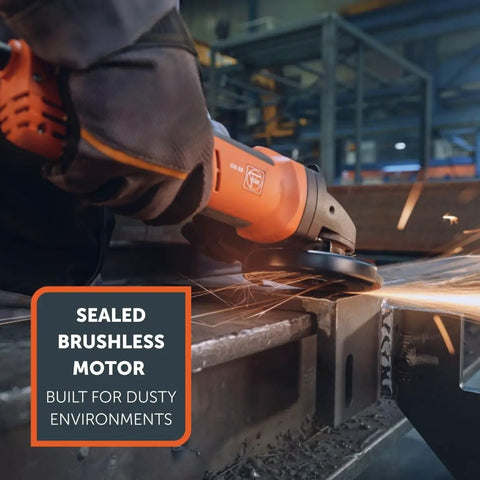 Professional Compact Angle Grinder With Anti Vibration Handle And Soft Start Module engineered for fast grinding, cutting metal with sparks.