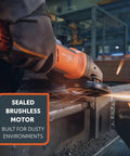 Brushless Compact Angle Grinder Built Like A Tank For Heavy Duty Grinding And Sharp Cutting Jobs Featuring Smart Overload Guards in use on metal.