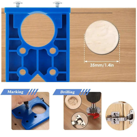 This Heavy Handed 35mm Concealed Door Hinge Drilling Jig Kit Delivers Laser Precision With Rugged Alloy Bits and marking features.