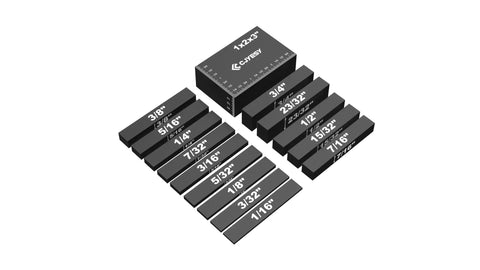 15 Piece Height Gauge Block Set For Woodworking With Precision Ruler Marked Bars arranged by size, for table saw alignment.