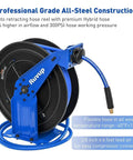 Heavy Duty Auto Retractable Air Hose Reel 3/8X75Ft Hybrid Build With 300Psi Max Pressure and all-steel construction, 6ft lead hose.