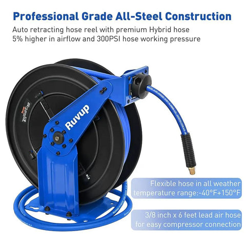 Heavy Duty Auto Retractable Air Hose Reel 3/8X75Ft Hybrid Build With 300Psi Max Pressure and all-steel construction, 6ft lead hose.