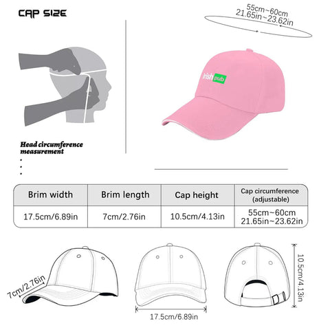 Pink Party Ready Saint Patrick's Day Pub Cap For Men, adjustable, lightweight, size chart showing dimensions and fit guide.