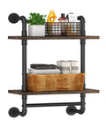 Heavy Duty Two Tier Industrial Pipe Wall Shelves With Rustic Wood And Vintage Towel Bar, featuring a black metal frame and towels.