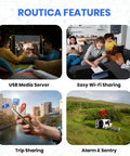 Explorer II 5G Gateway Router for RVs and Boats with USB media server, WiFi sharing, trip sharing, and alarm features displayed.