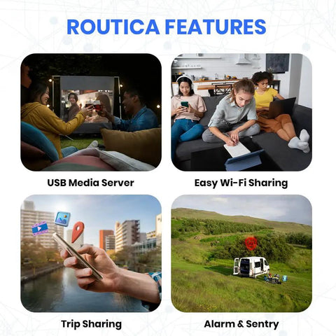 Explorer II 5G Gateway Router for RVs and Boats with USB media server, WiFi sharing, trip sharing, and alarm features displayed.