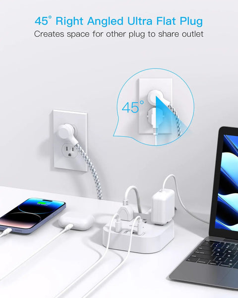 Power Strip With USB C And USB Ports For Travel 3 Outlets And 4 USB Ports 22.5W Fast Charging Flat Plug 5ft Braided Extension Cord
