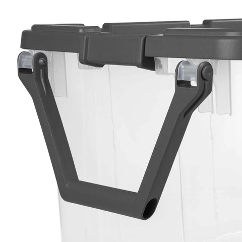 Rugged Pull Along 160 Quart Rolling Storage Tote With Transparent Bottom heavy duty crate swivel handle detail
